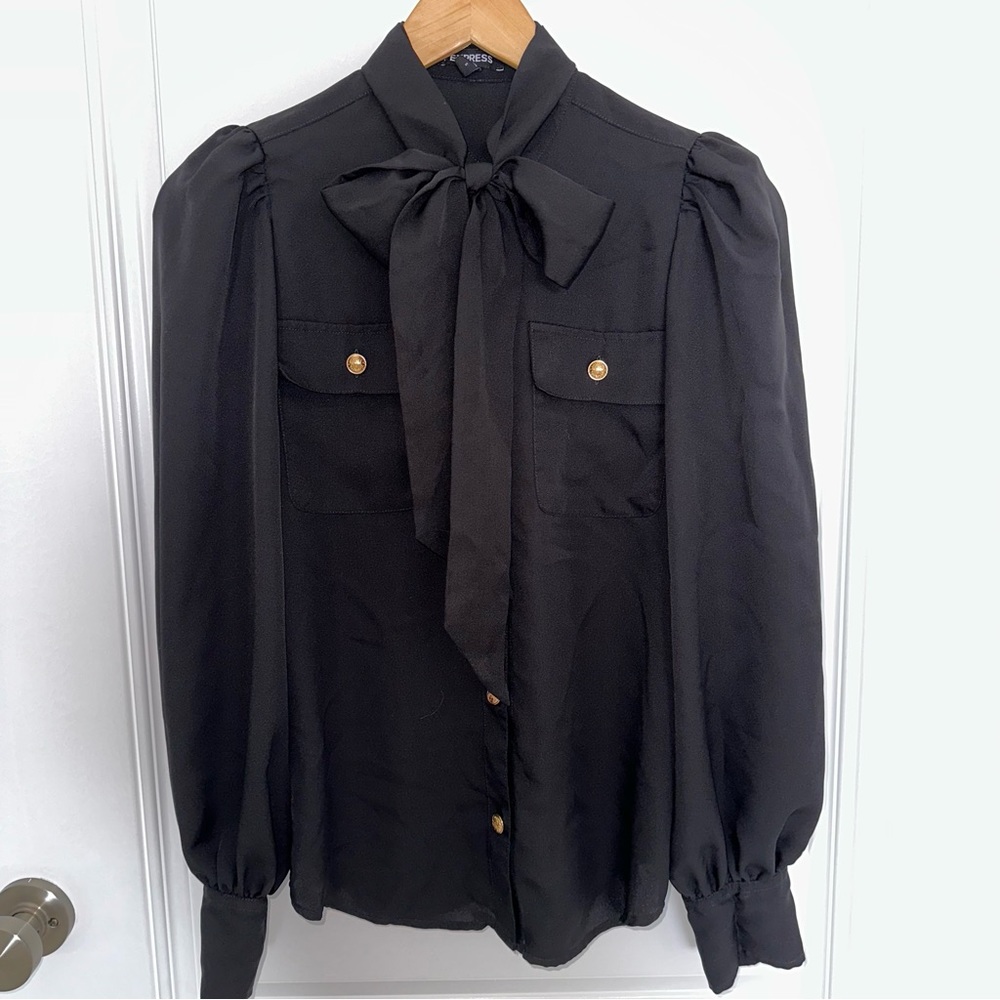 Express Black Long Sleeve Button Up Gold Button Neck Tie Puff Sleeves Military